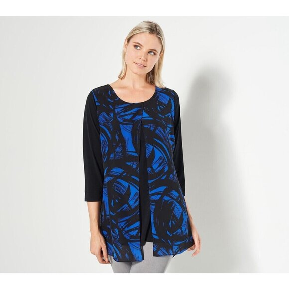 Truth Style Mix Media Printed Overlay 3/4 Sleeve Top Size S Cobalt Black A461101 - Picture 1 of 9
